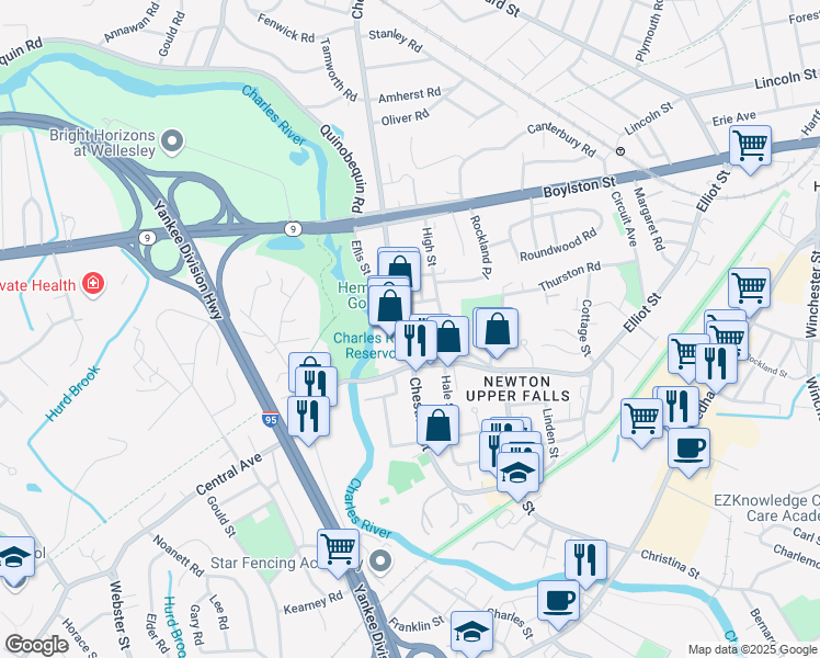 map of restaurants, bars, coffee shops, grocery stores, and more near 1046 Chestnut Street in Newton