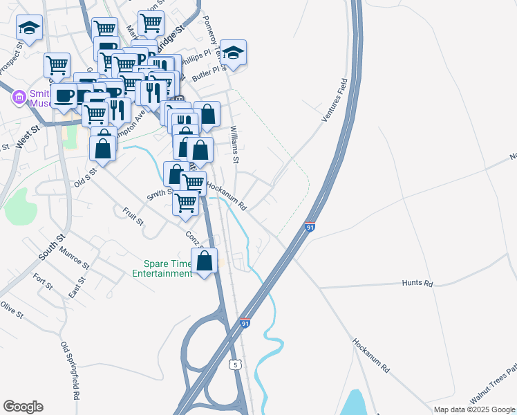 map of restaurants, bars, coffee shops, grocery stores, and more near 88 Hockanum Road in Northampton