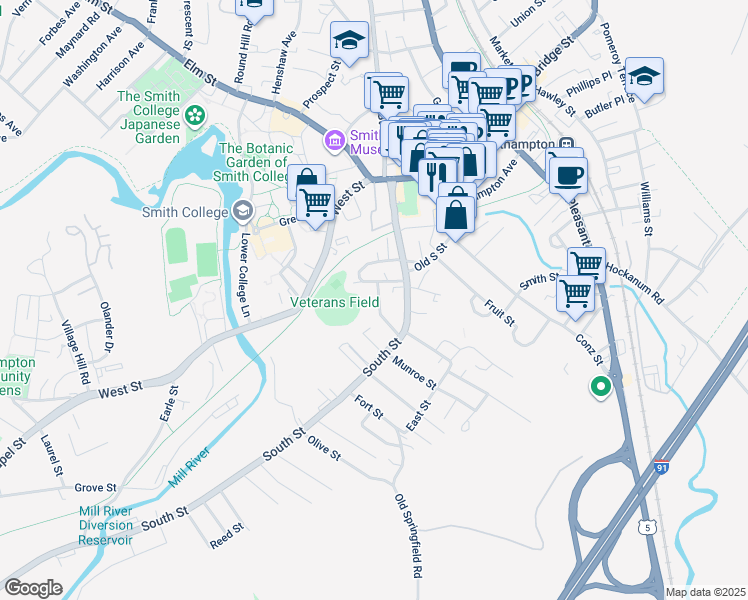 map of restaurants, bars, coffee shops, grocery stores, and more near 28 Fort Hill Terrace in Northampton