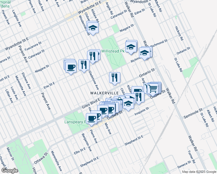 map of restaurants, bars, coffee shops, grocery stores, and more near 1647 Ontario Street in Windsor