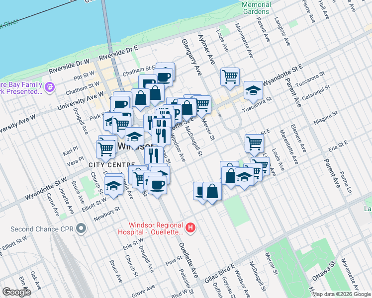 map of restaurants, bars, coffee shops, grocery stores, and more near in Windsor