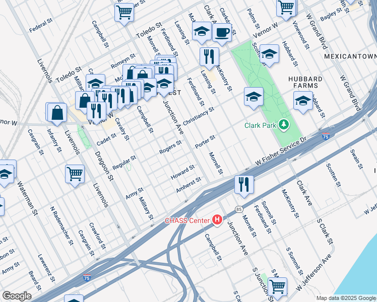 map of restaurants, bars, coffee shops, grocery stores, and more near 5650 Porter Street in Detroit