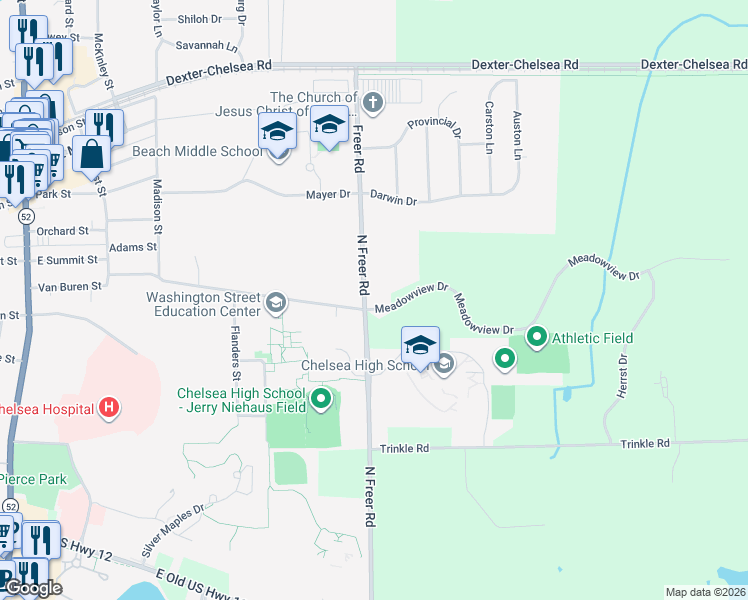 map of restaurants, bars, coffee shops, grocery stores, and more near 777 North Freer Road in Chelsea