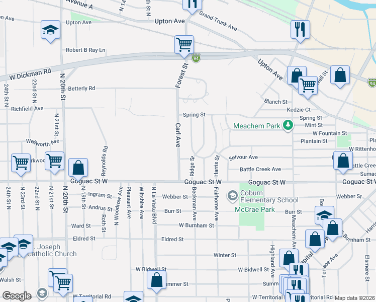 map of restaurants, bars, coffee shops, grocery stores, and more near 16 Rye Street in Battle Creek