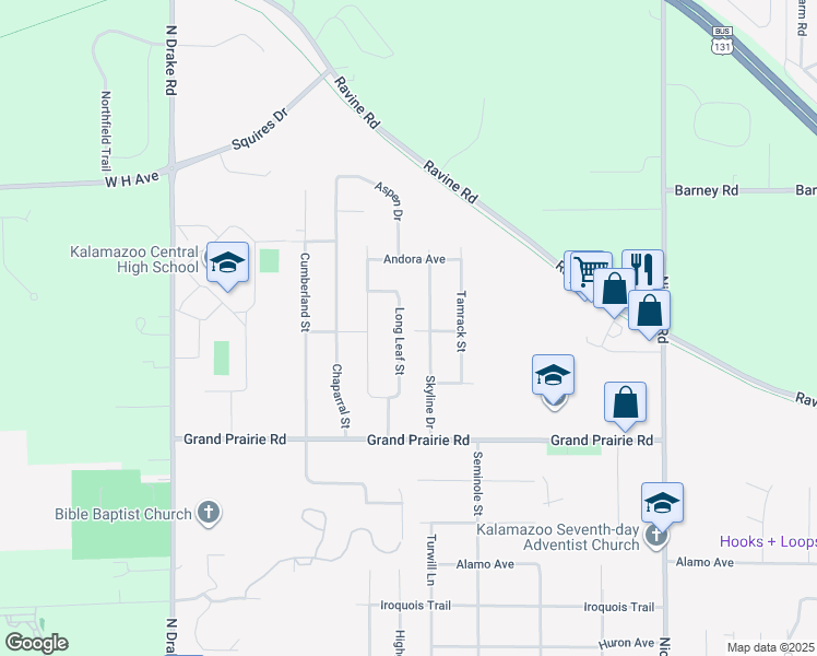 map of restaurants, bars, coffee shops, grocery stores, and more near 2223 Long Leaf Street in Kalamazoo