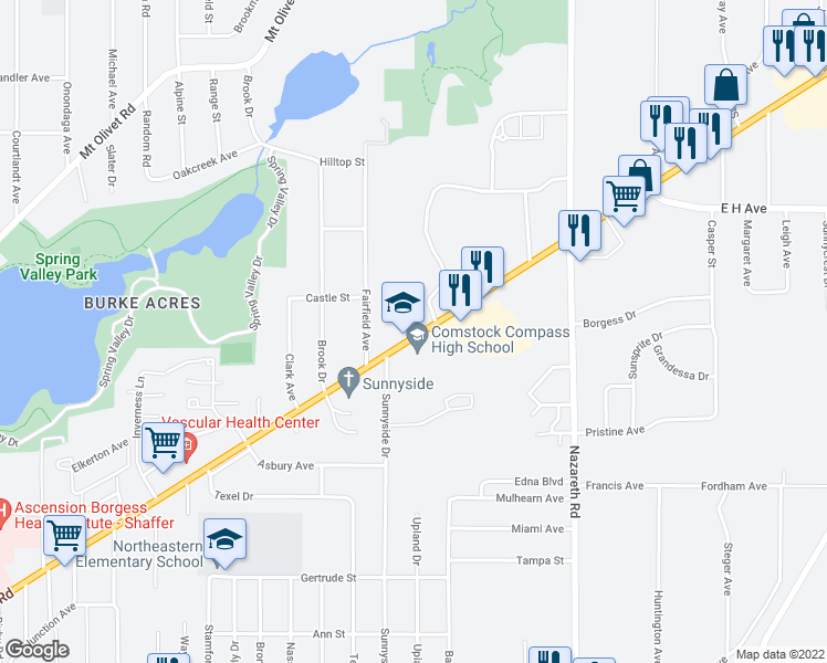 map of restaurants, bars, coffee shops, grocery stores, and more near 3057 Gull Road in Kalamazoo