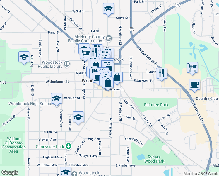 map of restaurants, bars, coffee shops, grocery stores, and more near 210 South Jefferson Street in Woodstock
