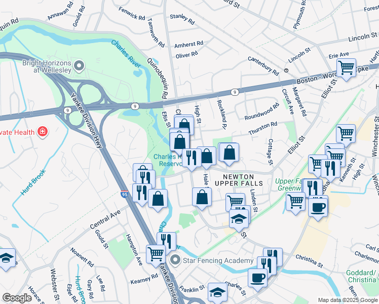 map of restaurants, bars, coffee shops, grocery stores, and more near 1037 Chestnut Street in Newton