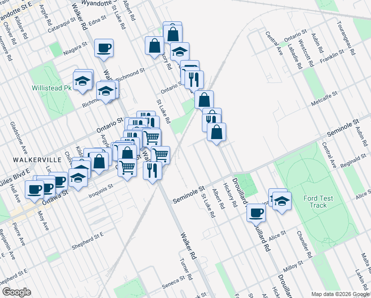 map of restaurants, bars, coffee shops, grocery stores, and more near in Windsor