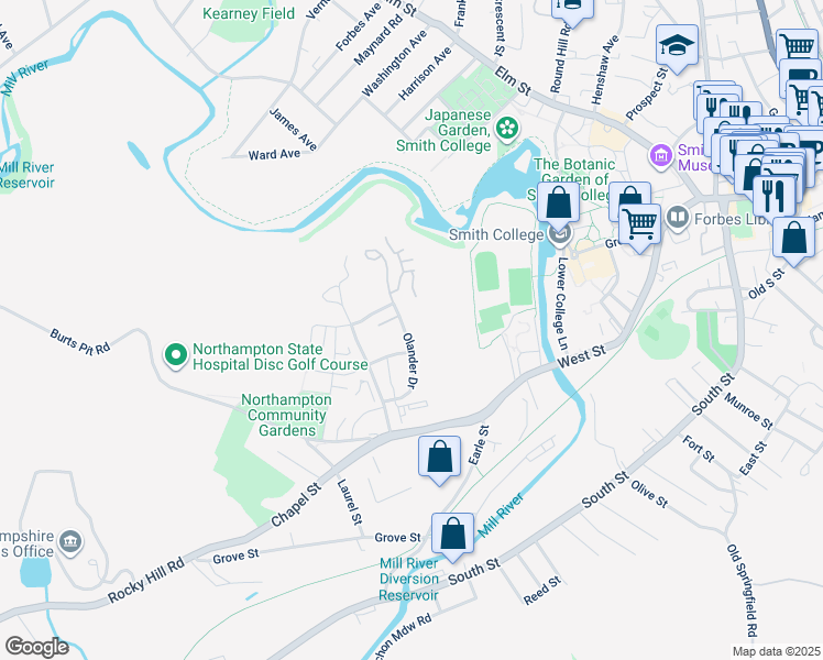 map of restaurants, bars, coffee shops, grocery stores, and more near 85 Olander Drive in Northampton