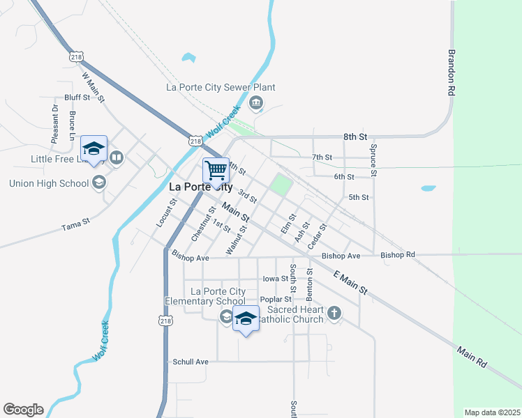 map of restaurants, bars, coffee shops, grocery stores, and more near 300 Walnut Street in La Porte City