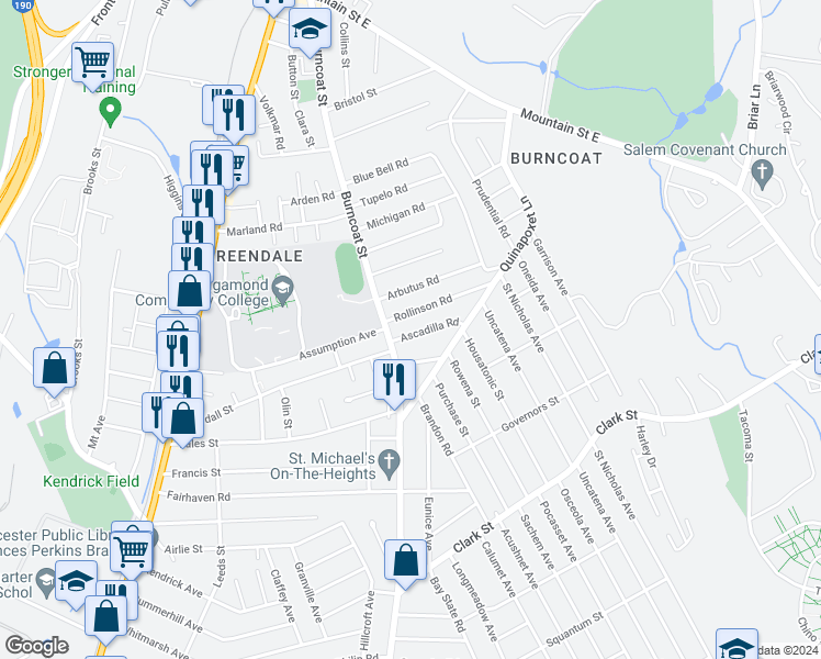 map of restaurants, bars, coffee shops, grocery stores, and more near 7 Ascadilla Road in Worcester