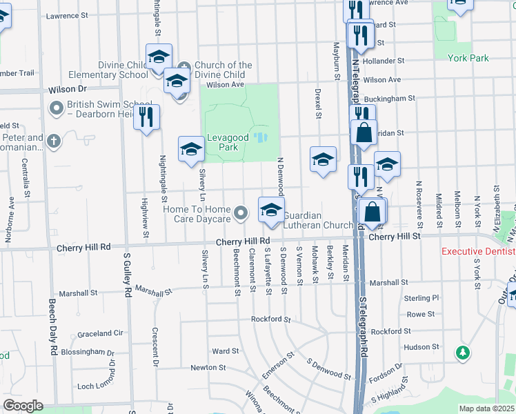 map of restaurants, bars, coffee shops, grocery stores, and more near 224 Kingsbury Avenue in Dearborn