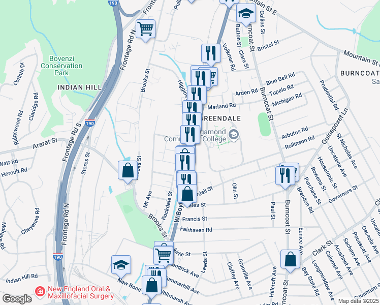 map of restaurants, bars, coffee shops, grocery stores, and more near in Worcester