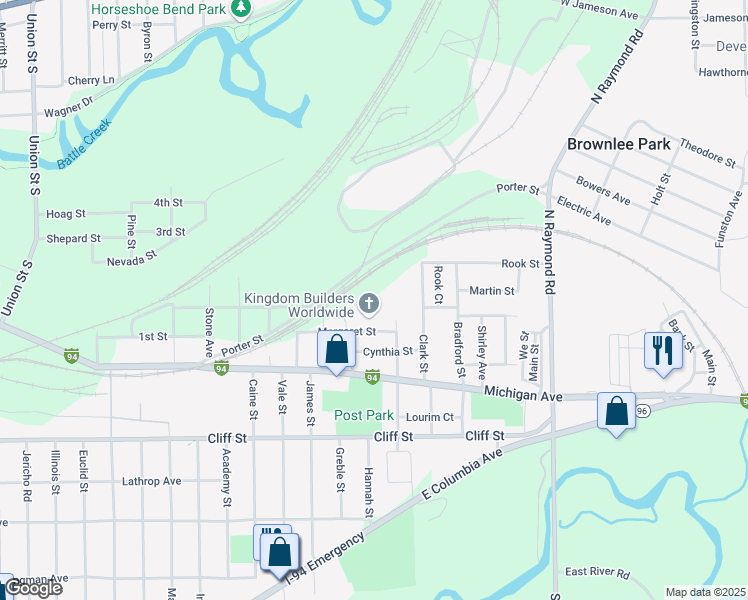 map of restaurants, bars, coffee shops, grocery stores, and more near 50 Spencer Street in Battle Creek