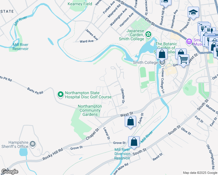 map of restaurants, bars, coffee shops, grocery stores, and more near 87 Village Hill Road in Northampton