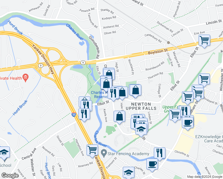 map of restaurants, bars, coffee shops, grocery stores, and more near 1037 Chestnut Street in Newton