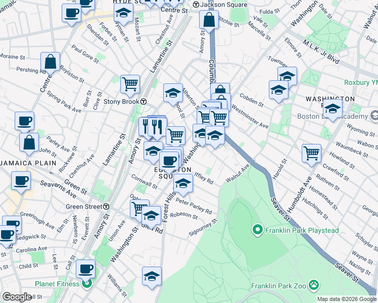 map of restaurants, bars, coffee shops, grocery stores, and more near 3147 Washington Street in Boston
