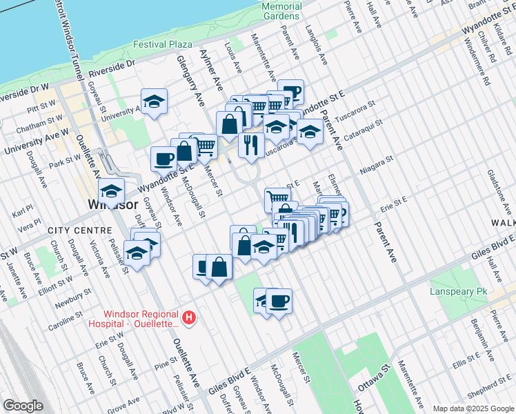 map of restaurants, bars, coffee shops, grocery stores, and more near 438 Niagara Street in Windsor