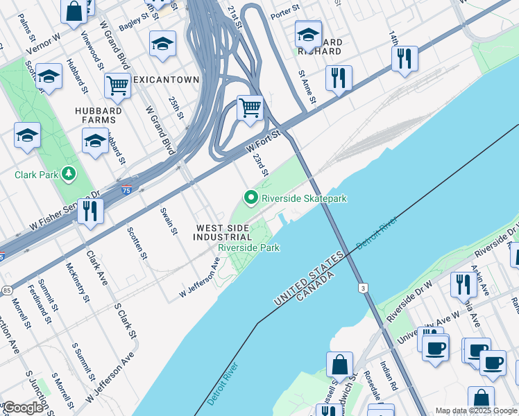 map of restaurants, bars, coffee shops, grocery stores, and more near in Detroit