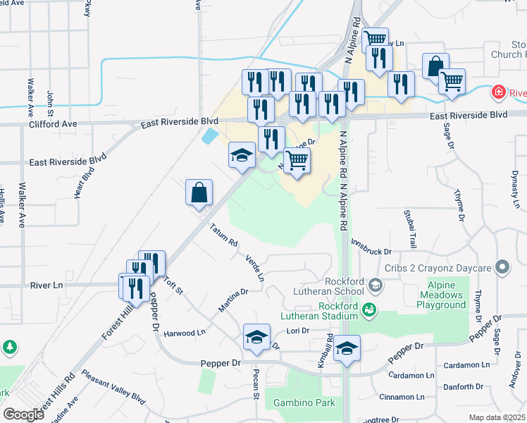 map of restaurants, bars, coffee shops, grocery stores, and more near 6311 Forest Hills Road in Rockford