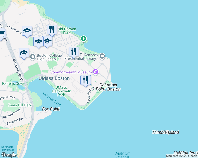 map of restaurants, bars, coffee shops, grocery stores, and more near 220 Morrissey Boulevard in Boston