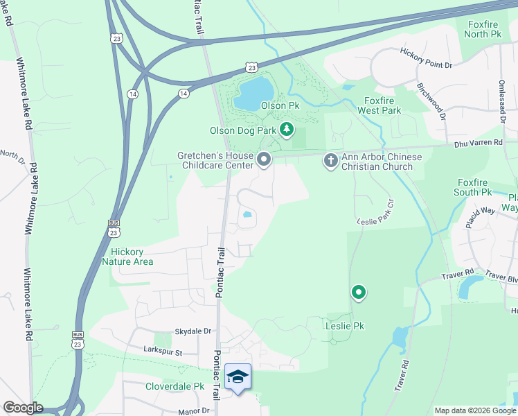 map of restaurants, bars, coffee shops, grocery stores, and more near 2781 South Knightsbridge Circle in Ann Arbor