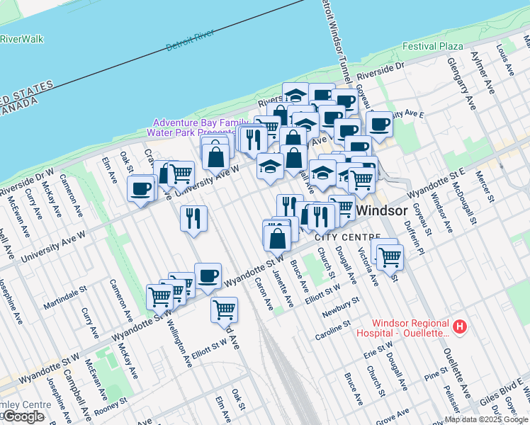 map of restaurants, bars, coffee shops, grocery stores, and more near 475 Bruce Avenue in Windsor