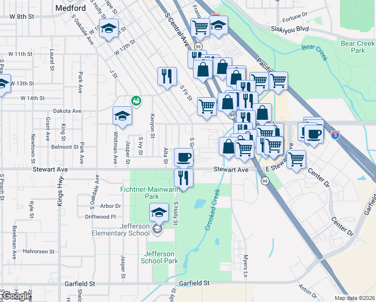 map of restaurants, bars, coffee shops, grocery stores, and more near 1014 South Grape Street in Medford