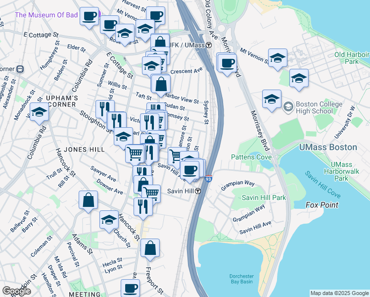 map of restaurants, bars, coffee shops, grocery stores, and more near 17 Sagamore Street in Boston