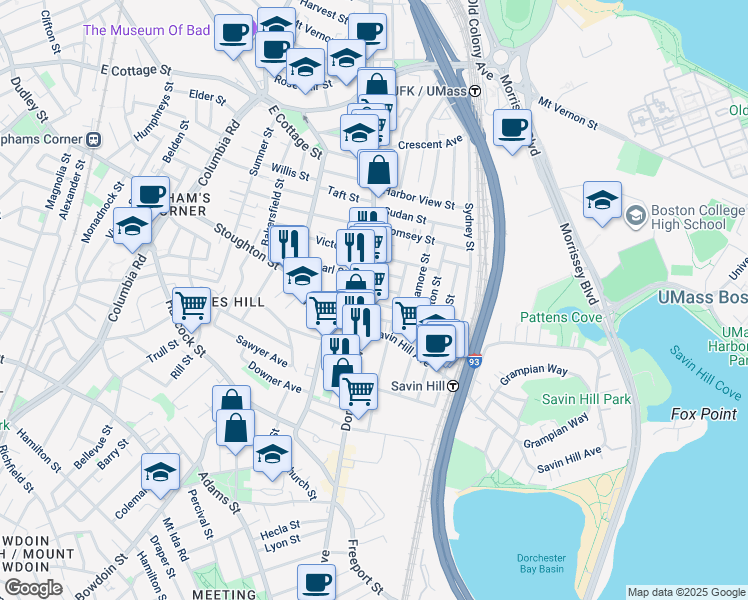 map of restaurants, bars, coffee shops, grocery stores, and more near 11 Doris Street in Boston