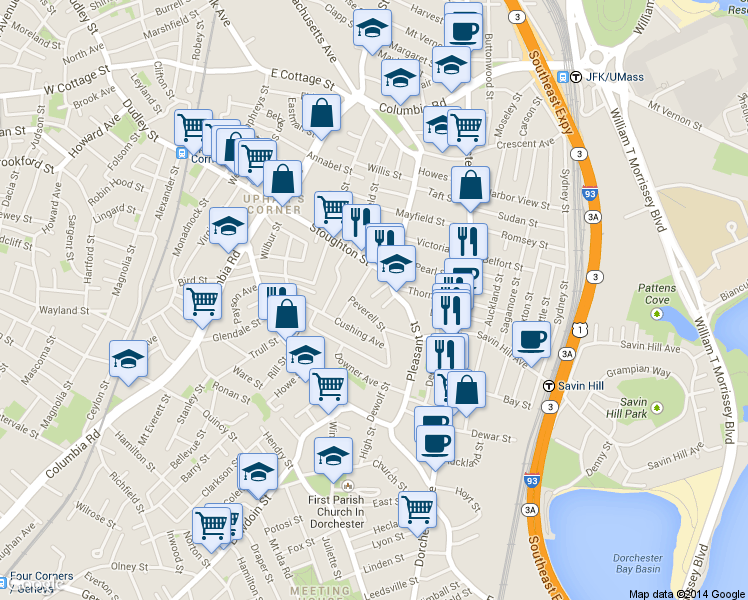 map of restaurants, bars, coffee shops, grocery stores, and more near 21 Peverell Street in Boston