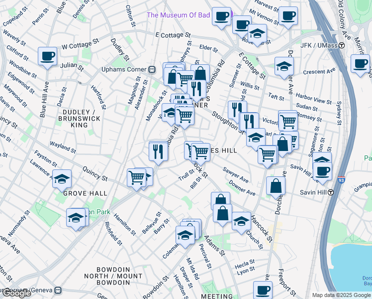 map of restaurants, bars, coffee shops, grocery stores, and more near 61 Hancock Street in Boston