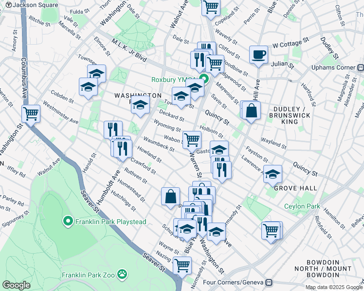 map of restaurants, bars, coffee shops, grocery stores, and more near 16 Waumbeck Street in Boston