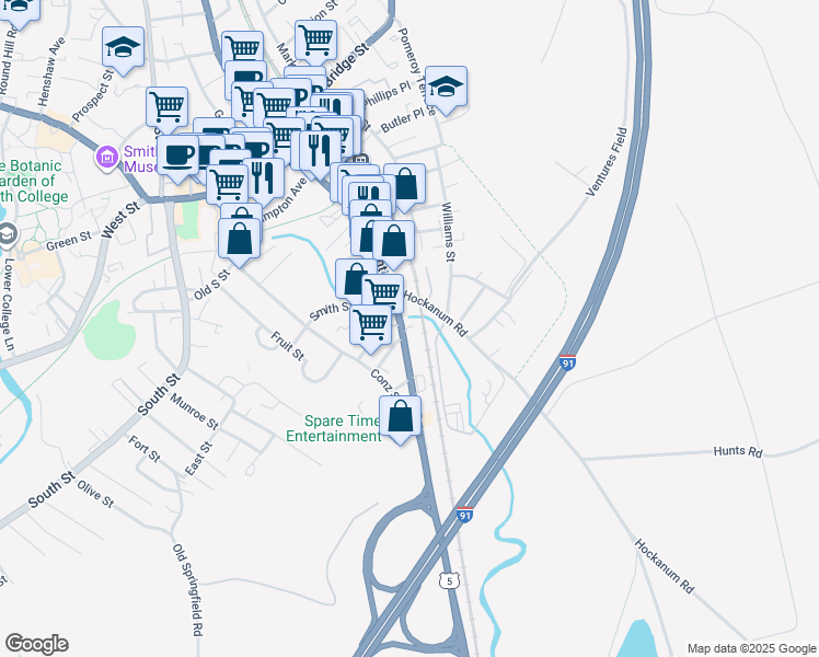 map of restaurants, bars, coffee shops, grocery stores, and more near 476-480 Pleasant St in Northampton