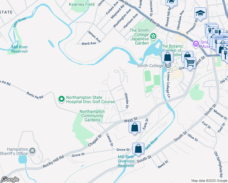 map of restaurants, bars, coffee shops, grocery stores, and more near 73 Village Hill Road in Northampton
