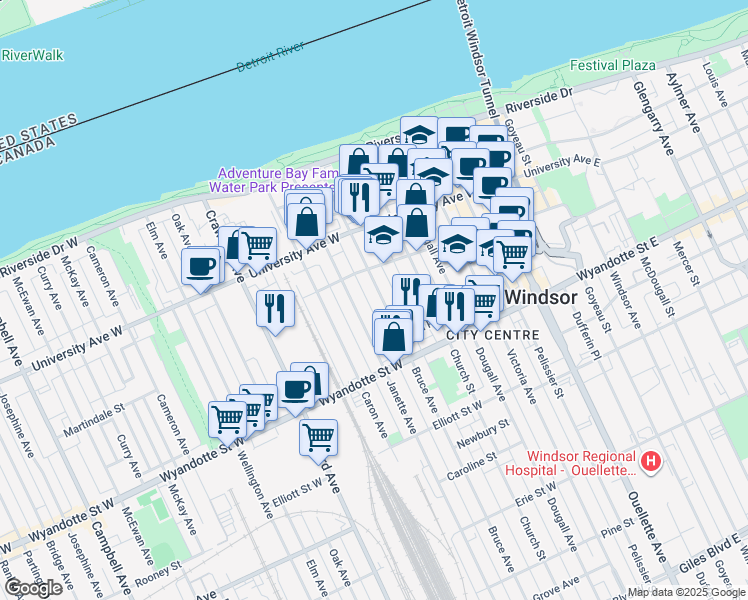 map of restaurants, bars, coffee shops, grocery stores, and more near in Windsor