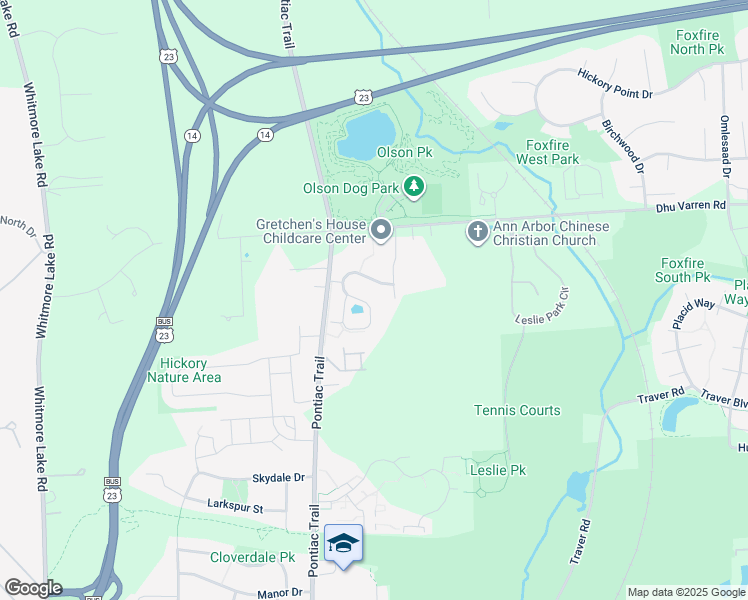 map of restaurants, bars, coffee shops, grocery stores, and more near 2781 South Knightsbridge Circle in Ann Arbor