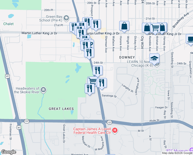 map of restaurants, bars, coffee shops, grocery stores, and more near 2815 25th Street in North Chicago