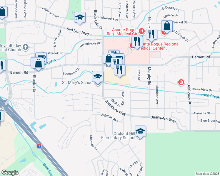 map of restaurants, bars, coffee shops, grocery stores, and more near 2710 Randolph Street in Medford
