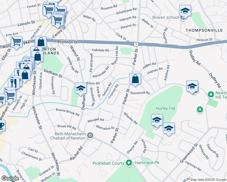 map of restaurants, bars, coffee shops, grocery stores, and more near 154 Truman Road in Newton