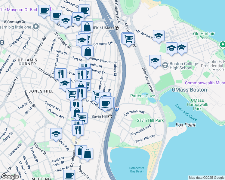 map of restaurants, bars, coffee shops, grocery stores, and more near 74 Sydney Street in Boston