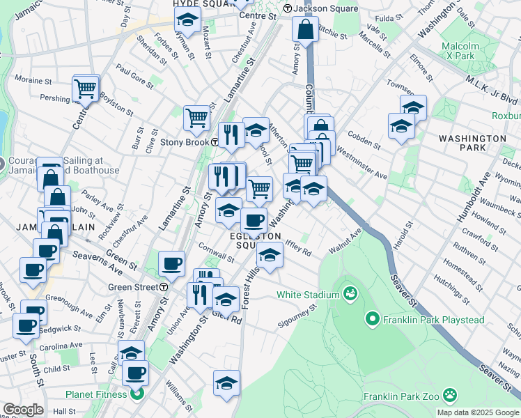 map of restaurants, bars, coffee shops, grocery stores, and more near 201 Boylston Street in Boston