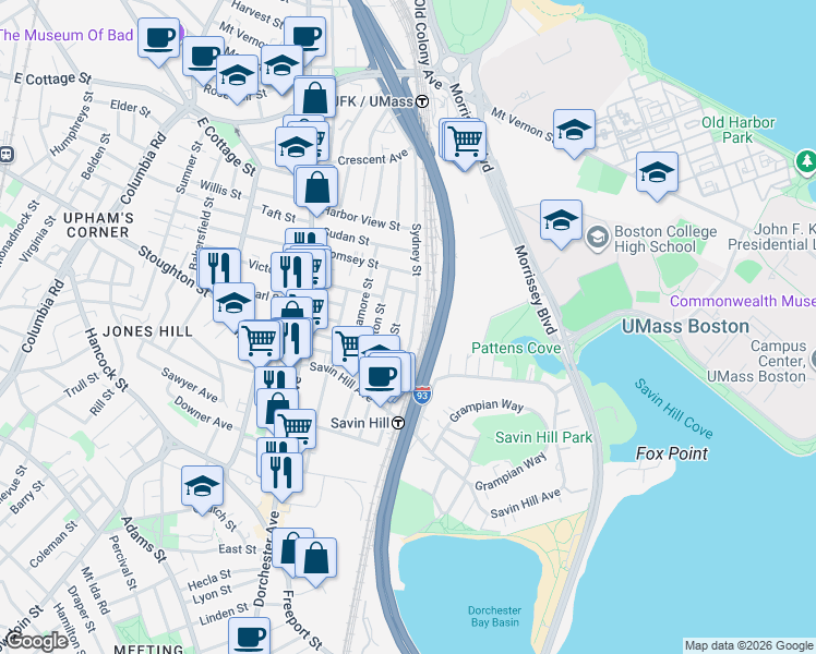 map of restaurants, bars, coffee shops, grocery stores, and more near 47 Tuttle Street in Boston