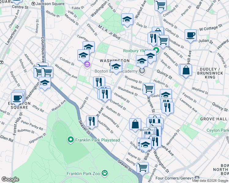 map of restaurants, bars, coffee shops, grocery stores, and more near 88 Howland Street in Boston