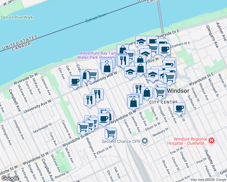 map of restaurants, bars, coffee shops, grocery stores, and more near 453 Caron Avenue in Windsor