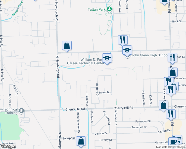 map of restaurants, bars, coffee shops, grocery stores, and more near 613 Larchmont Court in Westland
