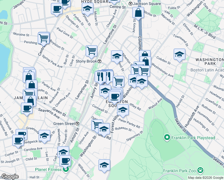 map of restaurants, bars, coffee shops, grocery stores, and more near Germania Street in Boston