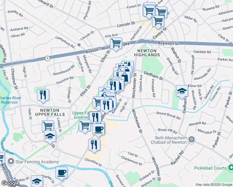 map of restaurants, bars, coffee shops, grocery stores, and more near 9 Kenneth Street in Newton