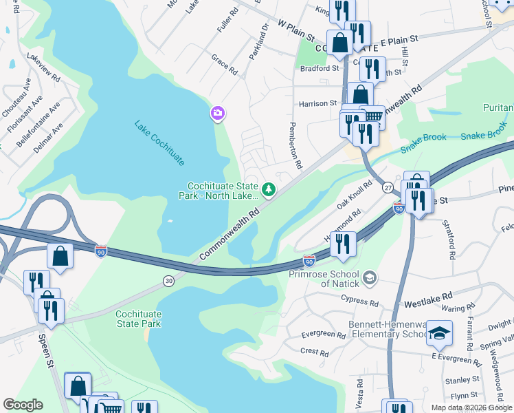 map of restaurants, bars, coffee shops, grocery stores, and more near 92 Commonwealth Road in Wayland